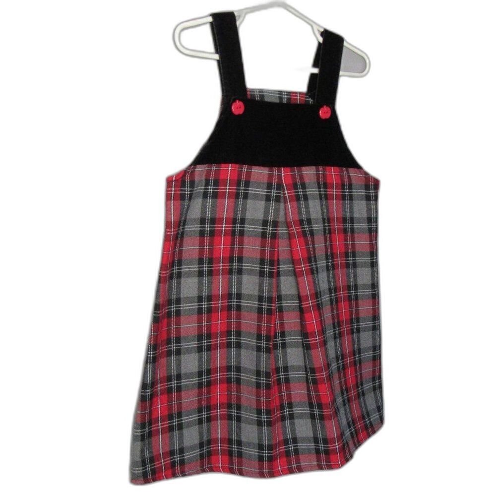 Girls Size 5 Plaid Red Black Jumper Dress Apple Buttons VTG Retro Schoolwear